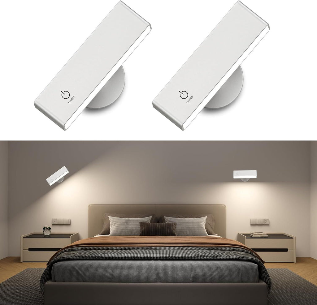Honalia Rechargeable Wall Lights 2 Pack, Dimmable Wall Mounted Lamp with Magnetic 360 Rotation & Touch Control, Battery Operated Cordless Wall Sconce for Bedroom Bedside Reading
