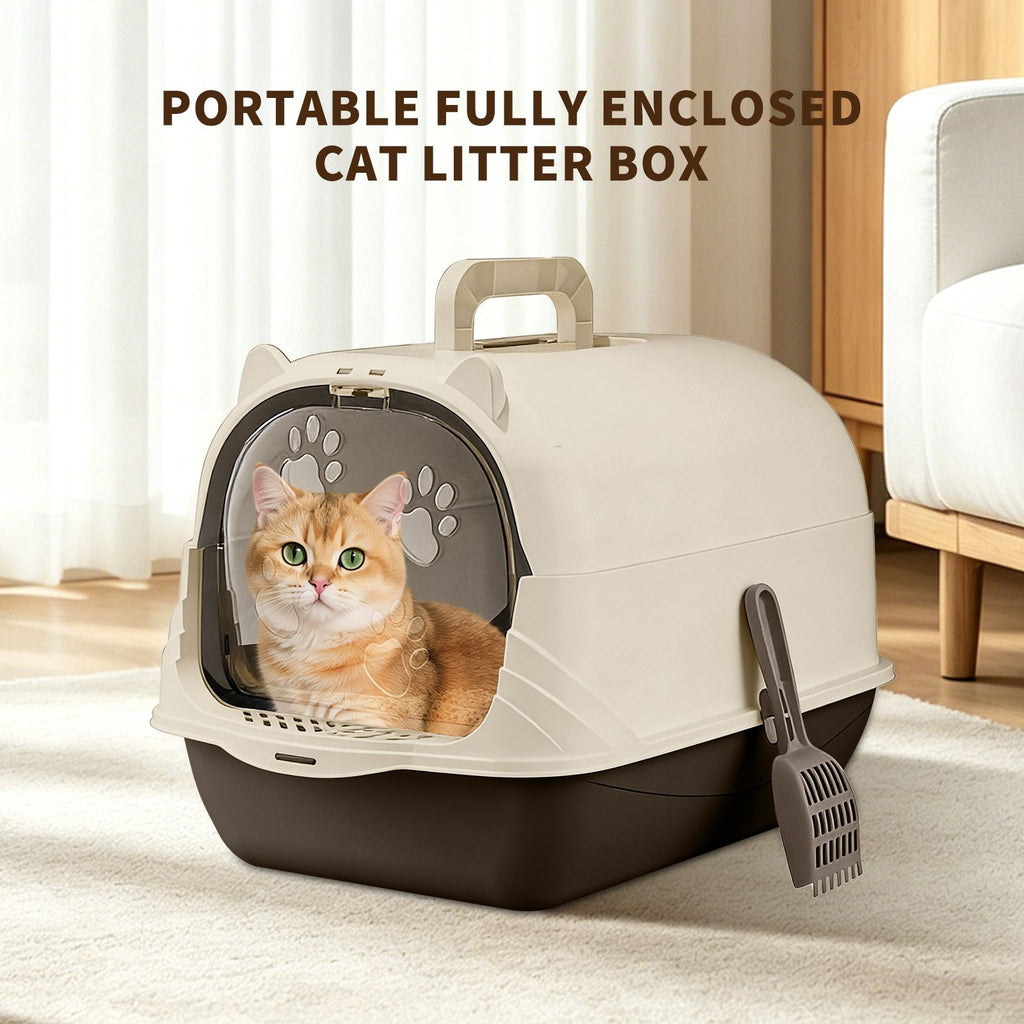 Hooded Cat Litter Box with Handle, Enclosed Kitty Toilet with Anti-Splashing Front Door, Includes Litter Scoop & Deodorizer