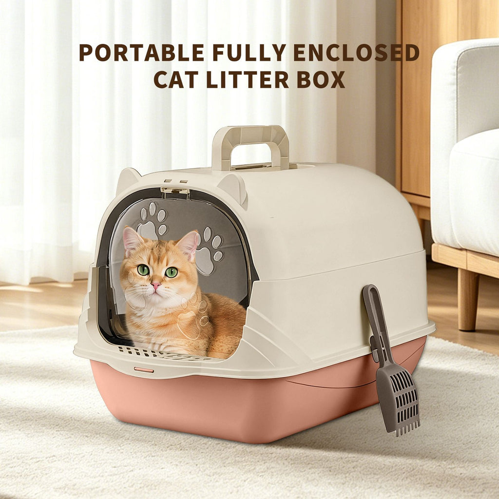 Hooded Cat Litter Box with Handle, Enclosed Kitty Toilet with Anti-Splashing Front Door, Includes Litter Scoop & Deodorizer