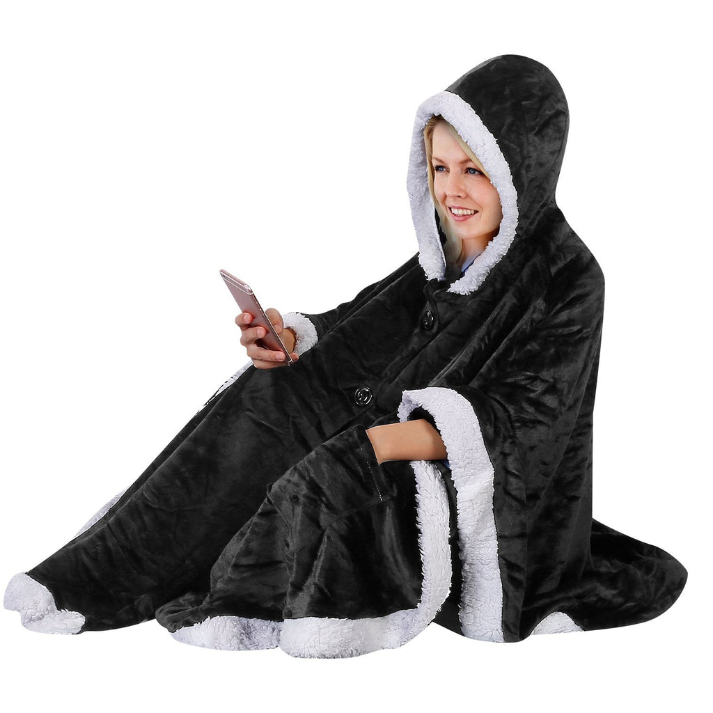 Hoodie Blanket Wrap Wearable Hoodie Snuggle Robe Sweatshirt Soft Lined Cuddle Poncho Cape w/ Hat 2 Pockets Buttons