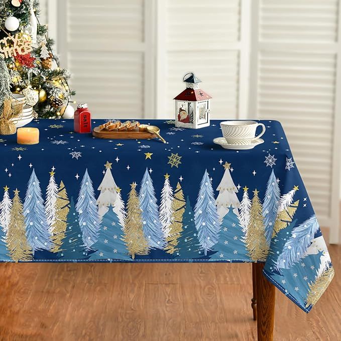 Horaldaily Christmas Tablecloth 60x84 Inch Rectangular, Christmas Trees Blue Grey Washable Seasonal Table Cover for Party Picnic Dinner Decor