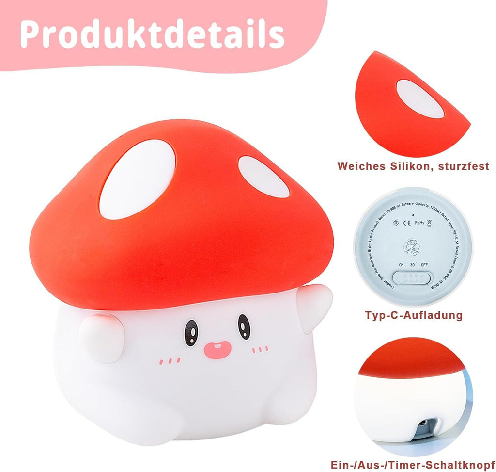 Hug Mushroom Night Light, 50-Hour Battery & Pat Control, Squishy Lamp for Kids Bedroom, Girls, USB Rechargeable with Timer, Valentines Gifts