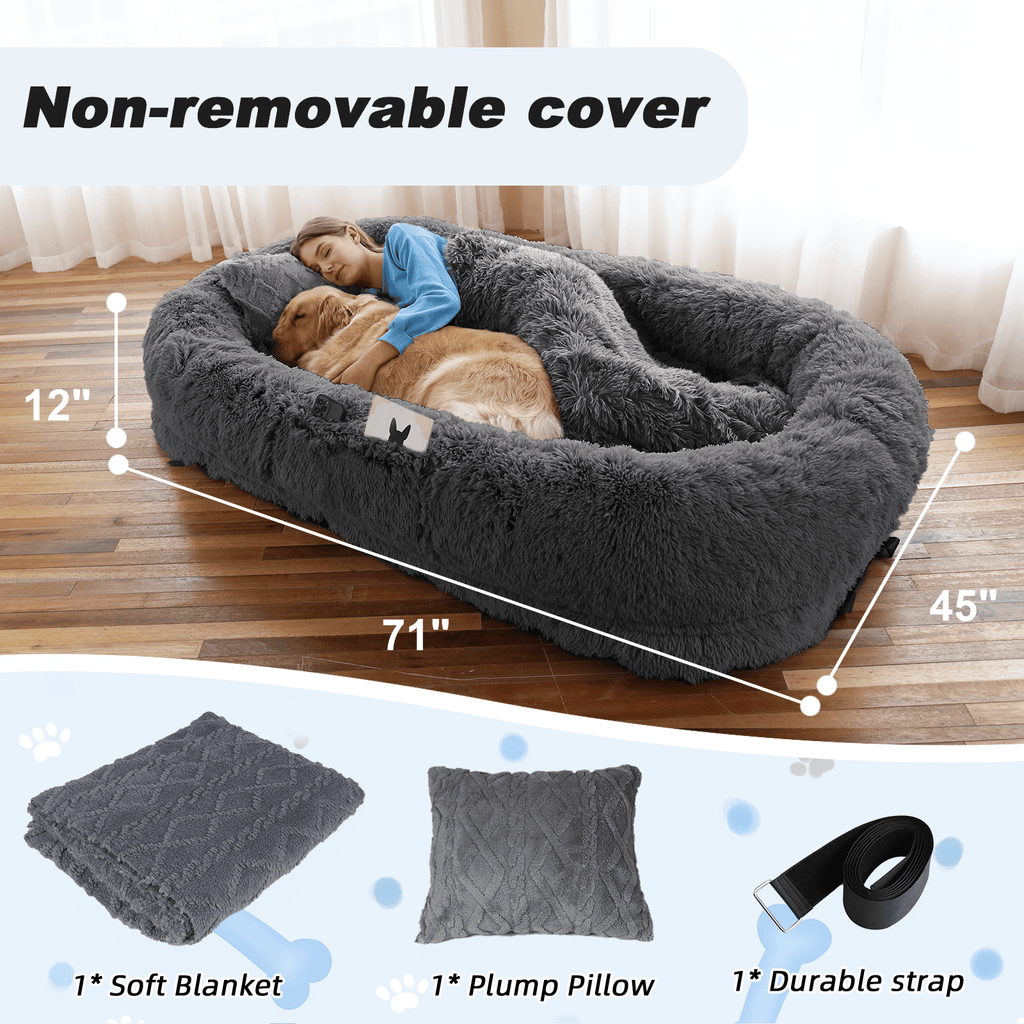 Human Dog Bed, 71"x45"x12" Size Fits You and Pets, Non-removeable Cover, Washable Faux Fur Dog Bed for People Doze Off, Napping Orthopedic Dog Bed, Present Plump Pillow, Blanket, Strap