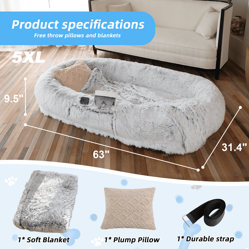 Human Dog Bed, Large Size Fits You and Pets, Washable Faux Fur Dog Bed for People Doze Off, Napping Orthopedic Dog Bed, Present Plump Pillow, Blanket, Strap