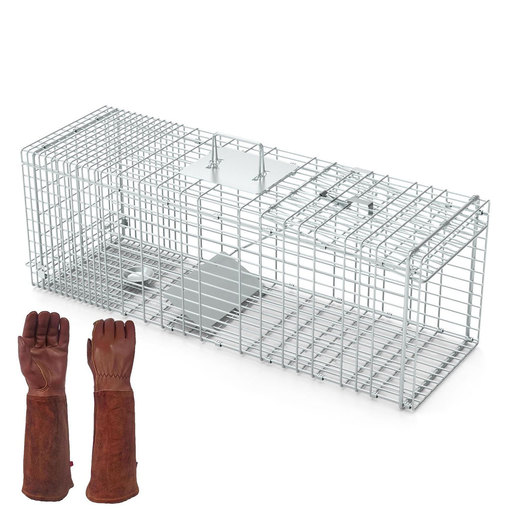 Humane Cat Trap Cage With Gloves Catch Release Live Animal Rodent Cage Collapsible Galvanized Wire for Raccoons Beavers Groundhogs Foxes Armadillos