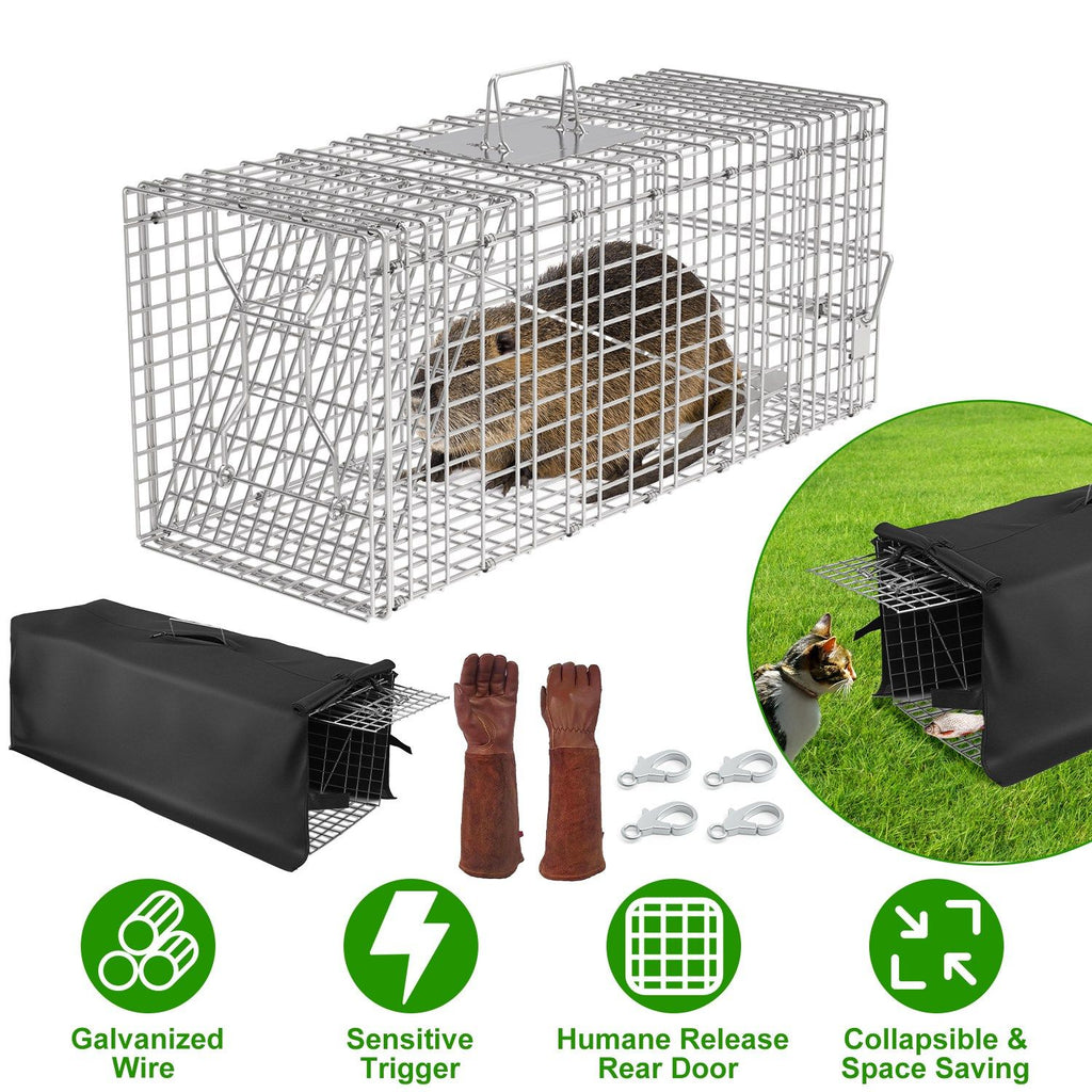 Humane Cat Trap Cage With Waterproof Cover Gloves Catch Release Live Animal Rodent Cage Collapsible Galvanized Wire for Raccoons Beavers Groundhogs Foxes Armadillos