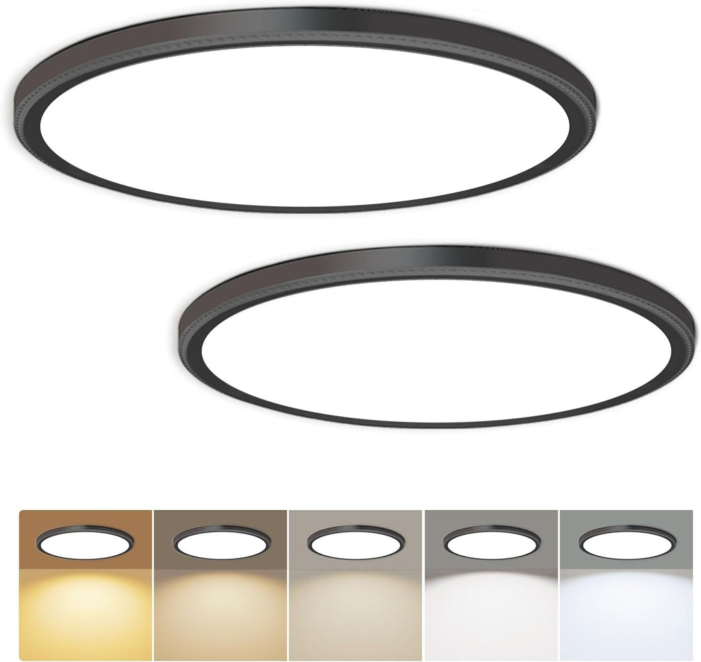 Hunhun 2 Pack 3200lm LED Flush Mount Ceiling Light 28W 12 Inch 5CCT Adjustable Super Slim 0.87 inch Round Ceiling Lamp for Bedroom, Living Room, Kitchen, Laundry - Black