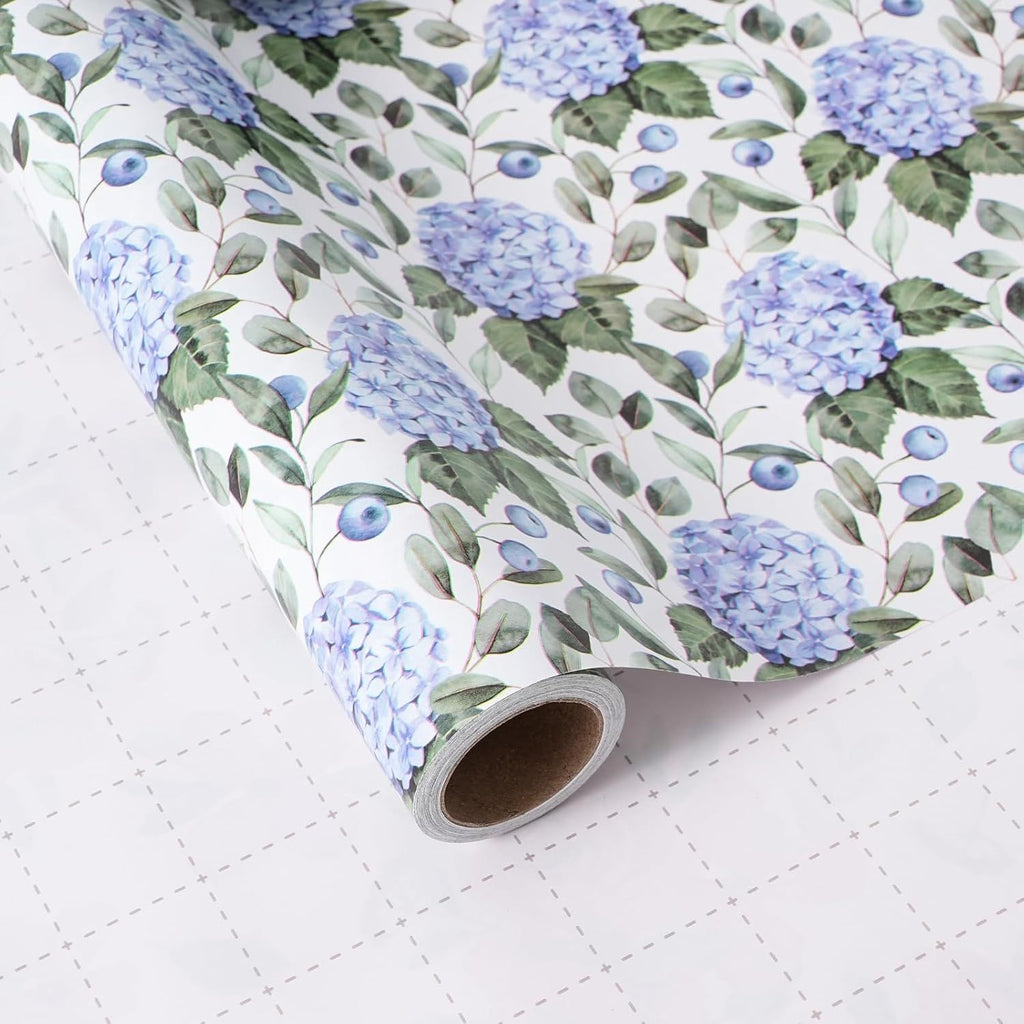 Hydrangea Floral Wrapping Paper Roll - Blue Watercolor Floral Design, 17 Inches x 16.5 Feet, Gift Wrap for Wedding, Bridal Shower, Birthday, Mother's Day, Cut Lines on Back