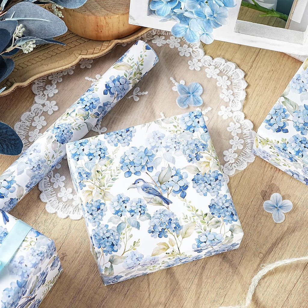 Hydrangea Wrapping Paper Roll, Whimsical Blue Bird Flowers Design for Wedding Bridal Shower Birthday Baby Shower, Kids' Parties, Girls, Boys, Mini Roll 17 in x 16.4 Ft