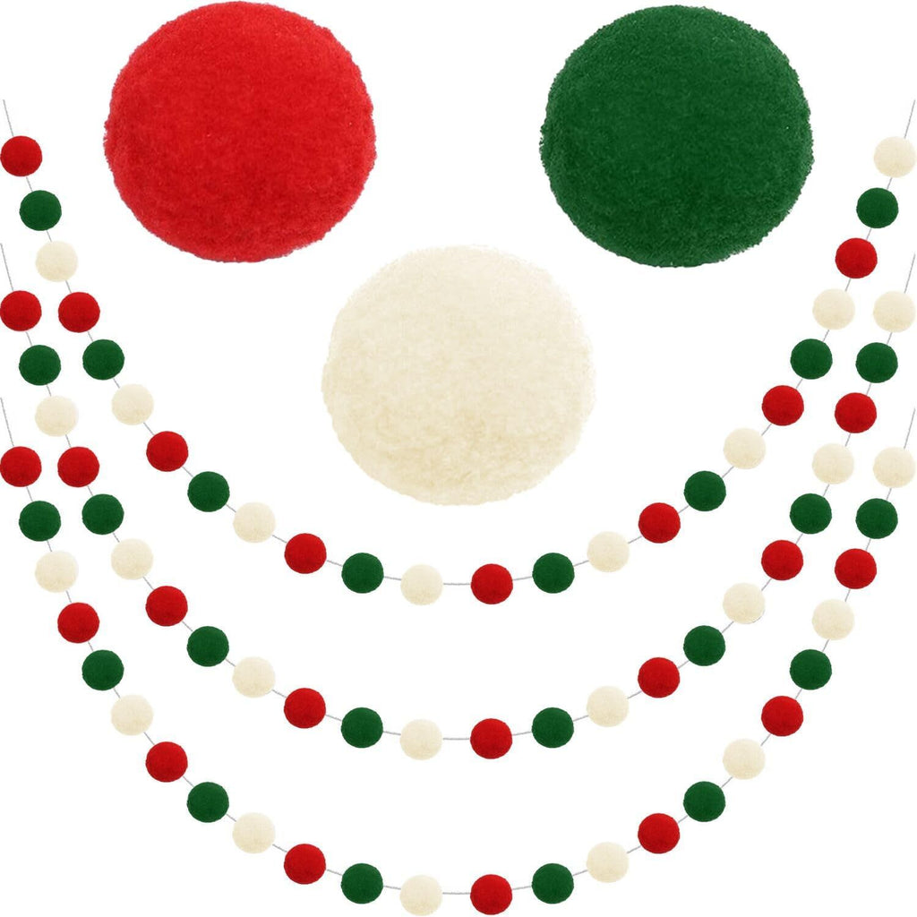 i Christmas Pom Pom Garland Christmas Decorations for Tree Indoor Home Room Decor 3pk Cute Hanging Felt Ball Red White Green Pompom Bead Ornament String Banner Garland Xmas Birthday Party Supplies
