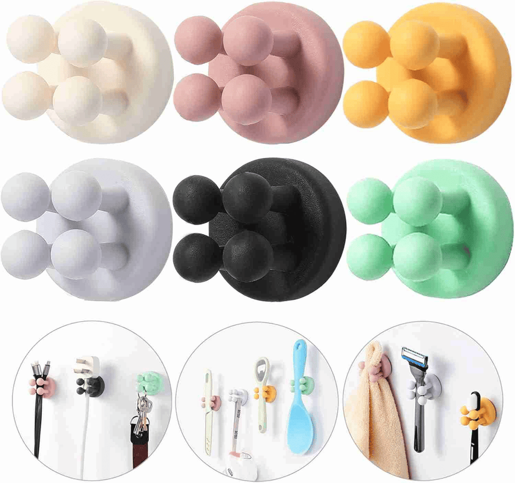 iBetterLife 6Pcs Silicone Toothbrush Holders - Multi-Function Hook Waterproof Self Adhesive Wall Mounted Single Hook for Hanging Key, Utility Plug Holder for Bathroom Kitchen Living Room Office