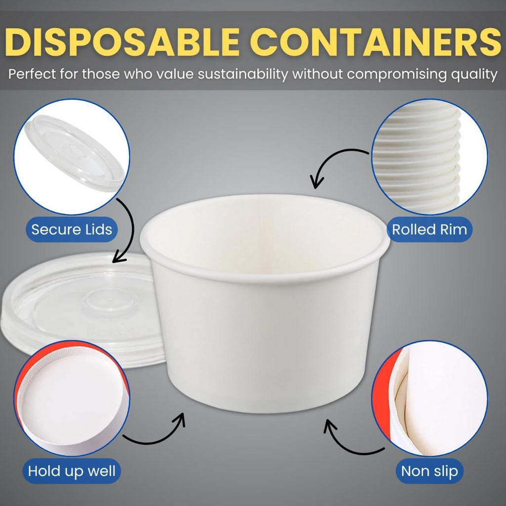 Ice Cream Cups with Lids, 12 Ounce, 50 Count, White Paper Bowls for Cold and Hot Desserts