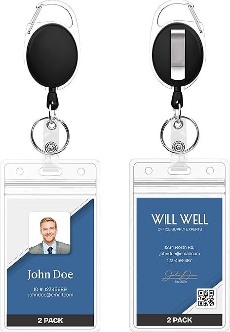 ID Badge Holders with Clip and Keyring - Vertical Clear Plastic 2.52" x 3.58" Sleeves Fit Up to 3 Cards - Retractable 24" UHMWPE Fiber Pull Cords for Easy Access - 2-Pack, Black Reels