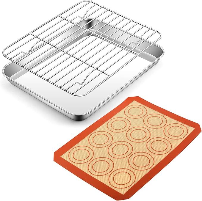 Inch Baking Oven Sheet Pan with Rack & Mat for Cookie, Stainless Steel Oven Sheet Tray Cooling Rack and Silicone Mat for Baking & Roasting, Dishwasher Safe & Healthy, 3Pcs