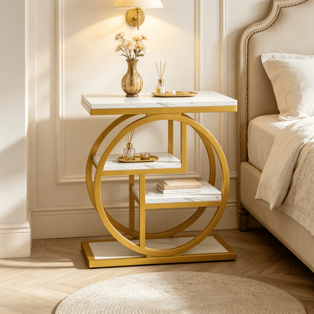 Industrial 4-Tier End Table with Storage Shelves Side Table for Living Room Bedroom Rustic Metal And Wood Finish