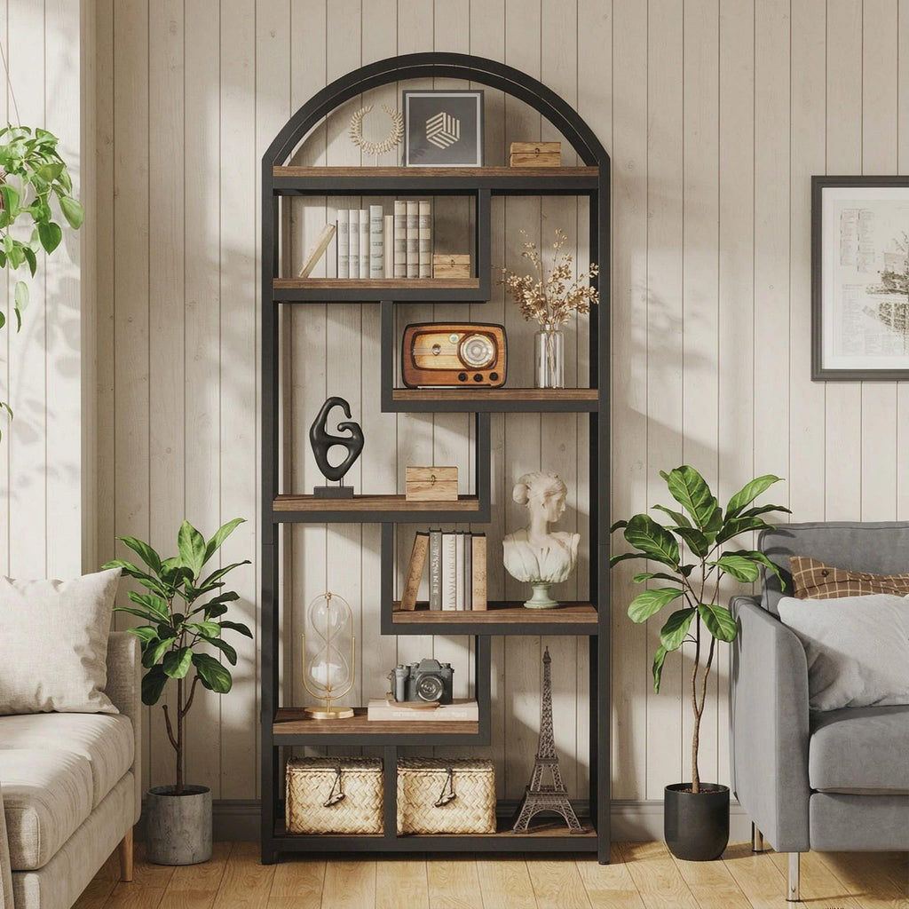 Industrial Bookshelf 71 Inch Arched Bookcase with Open Display Shelves for Living Room Bedroom Hallway