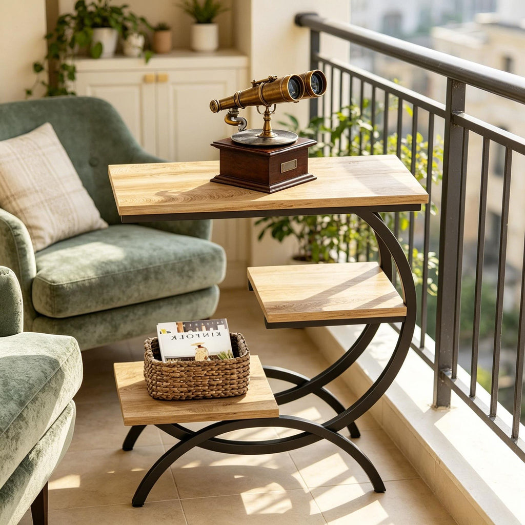 Industrial C-Shaped End Table 3-Tier Side Table for Small Space Saving Metal Wood Coffee Table Rustic Sofa Caddy Table