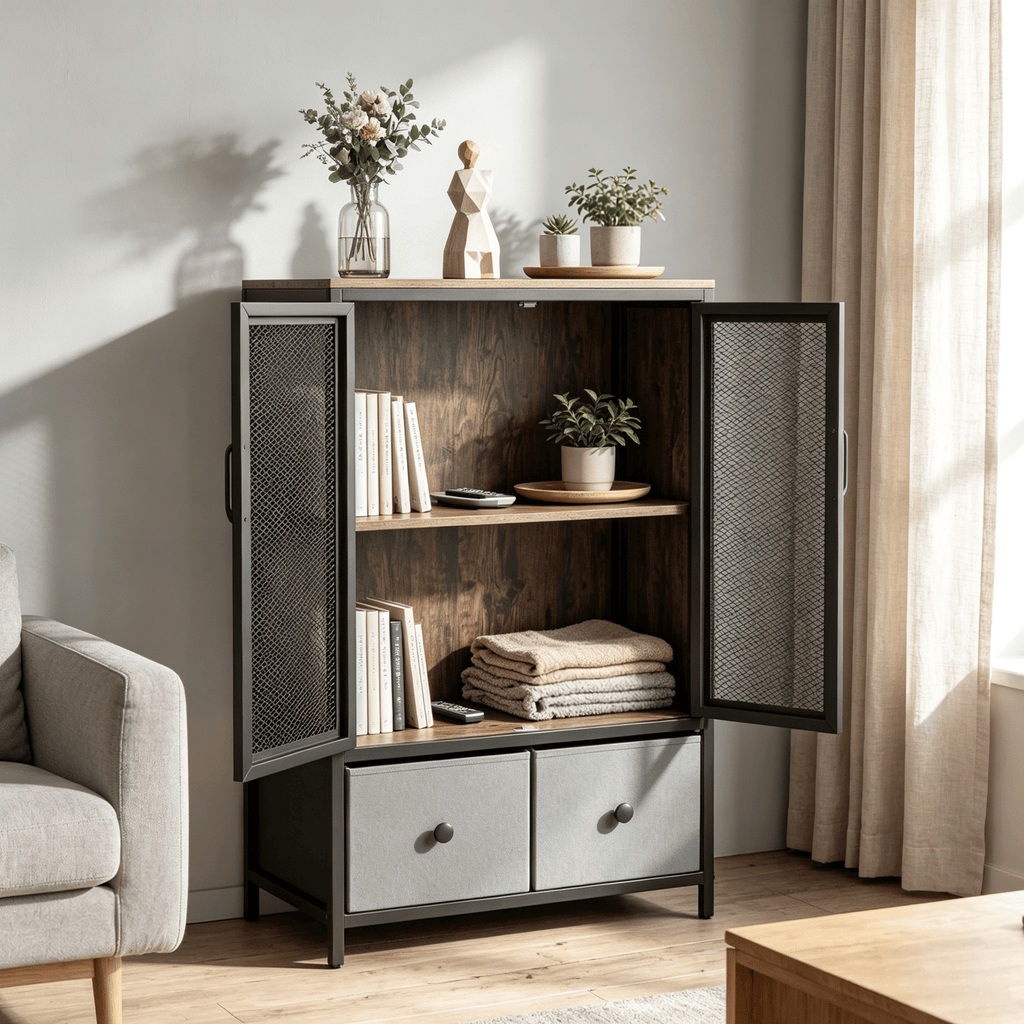 Industrial Coffee Bar Cabinet 2-Tier Storage Compartment Kitchen Pantry Cabinet with Open Shelves for Living Room