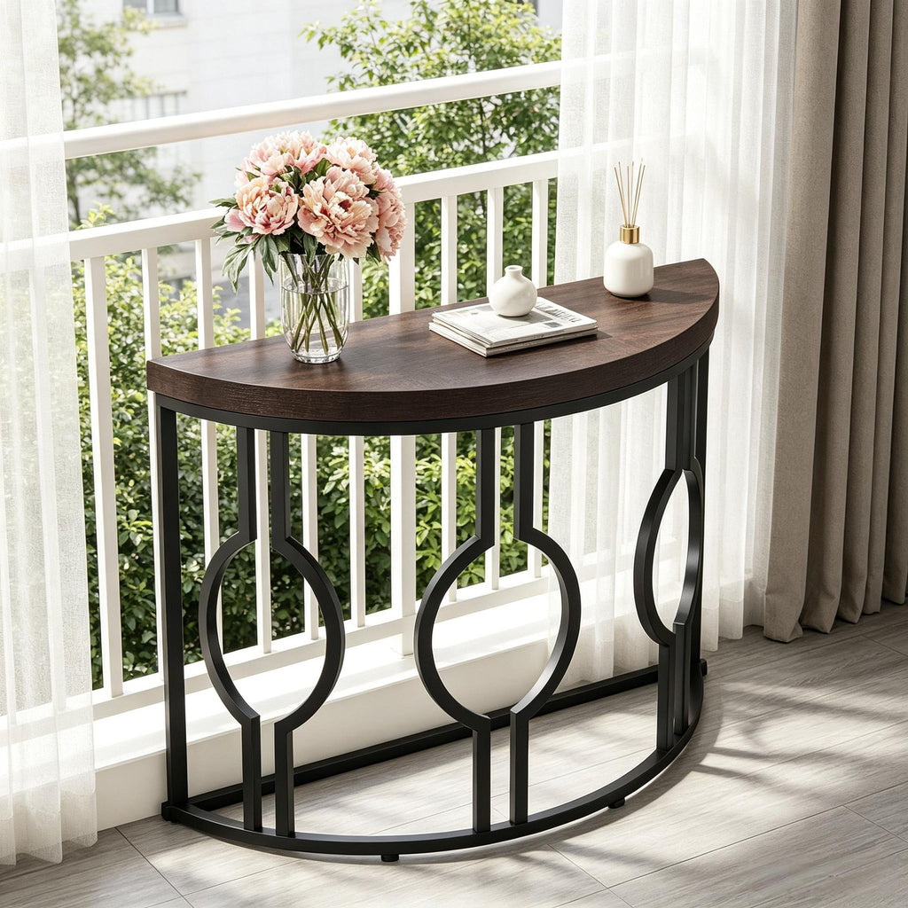 Industrial Console Table 43 Inch Half Moon Shaped Accent Sofa Table Vintage Style Living Room Furniture