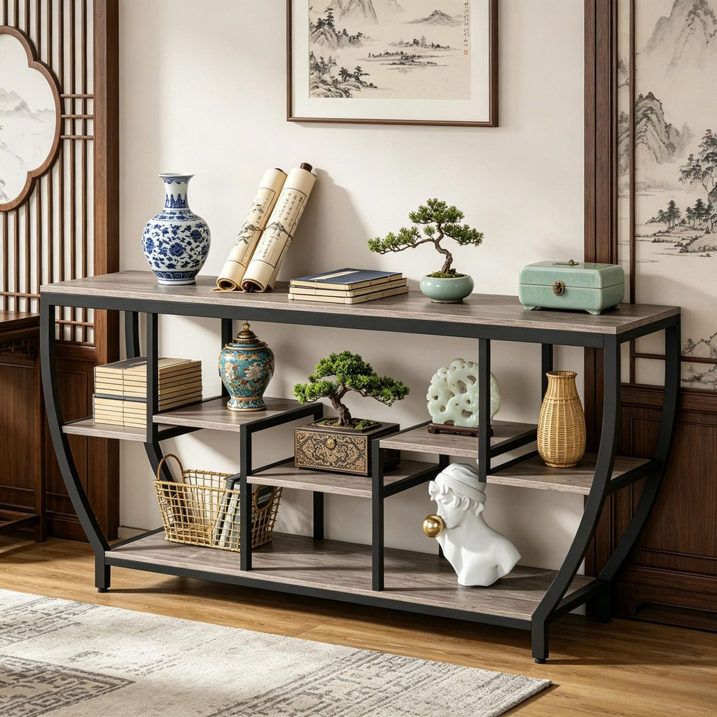 Industrial Console Table 70.9 Inch Entryway Sofa Table with Shelves for Hallway Living Room Rustic Metal Wood Sofa Table