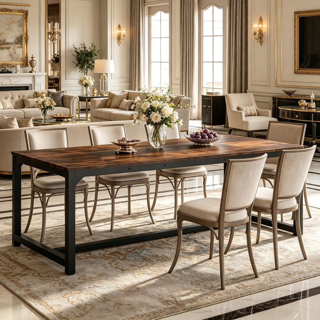 Industrial Dining Table for 6-8 Person Metal Frame Kitchen Table Rustic Wood Top for Home Dining Room