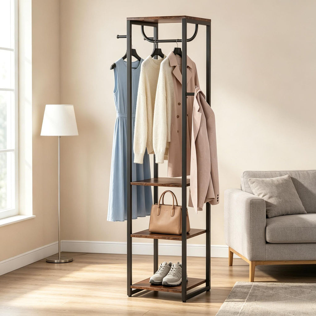 Industrial Freestanding Coat Rack with 4 Shelves And 8 Hooks Corner