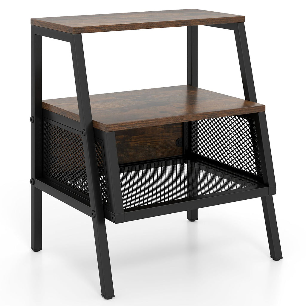 Industrial Nightstand 3-Tier End Table with 2 Open Shelves and Metal Mesh Compartment