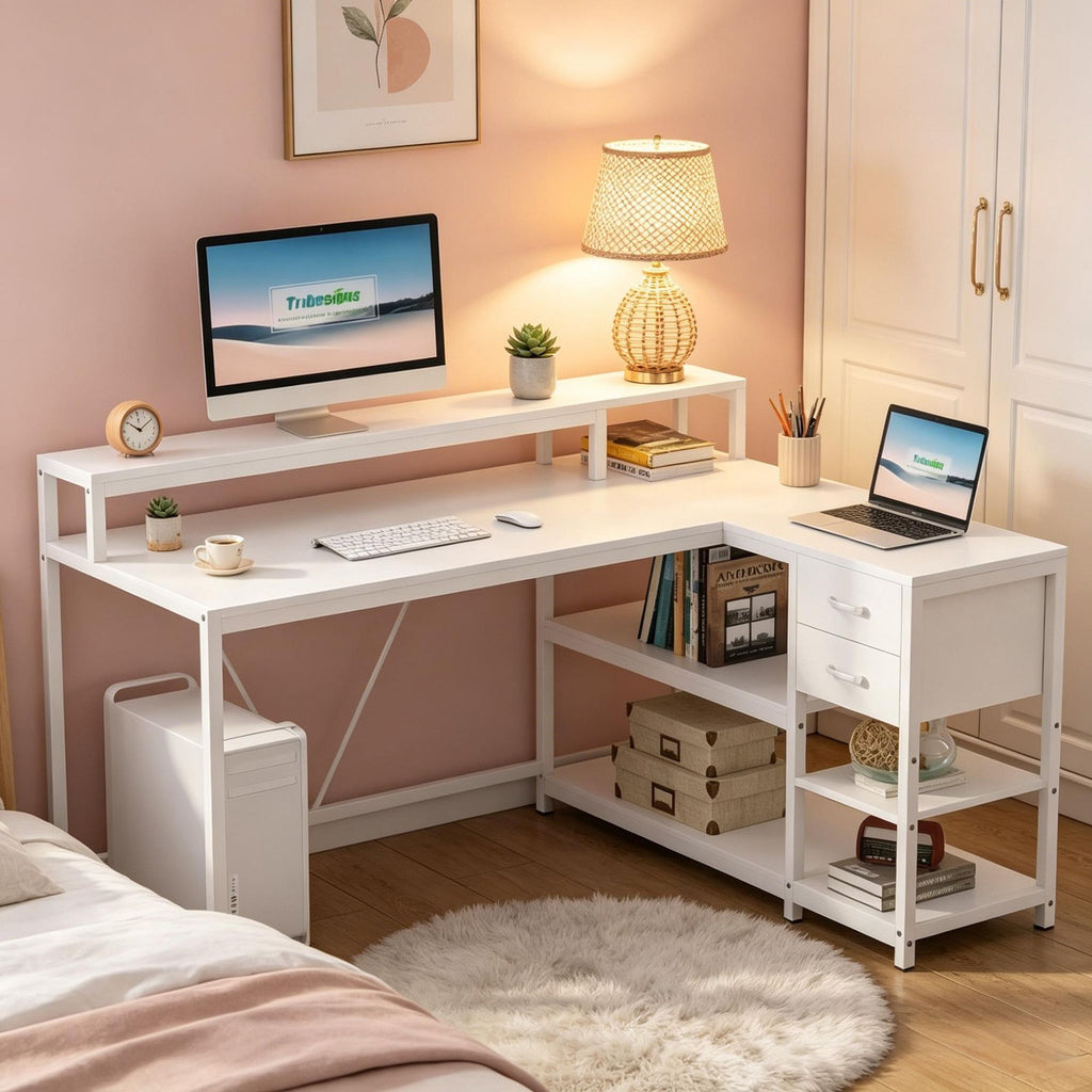 Industrial Reversible L-Shaped Desk with Drawer And Shelves Corner Computer Desk Workstation for Home Office