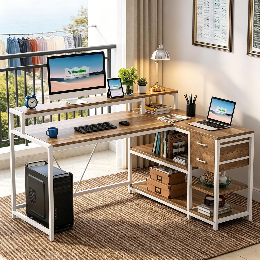 Industrial Reversible L-Shaped Desk with Drawer And Shelves Corner Computer Desk Workstation for Home Office