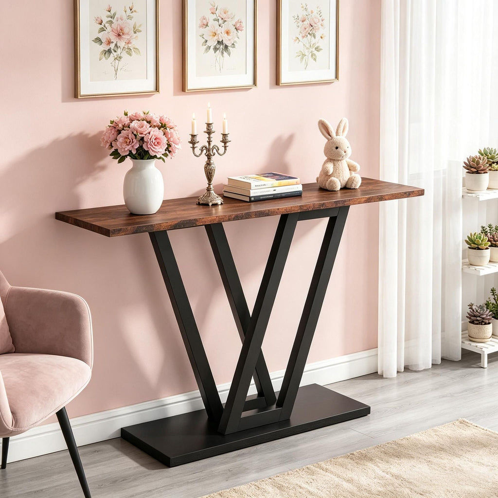 Industrial Style Console Table 43 Inch Rustic Black Metal Pine Wood Entryway Hallway Living Room Decor Furniture