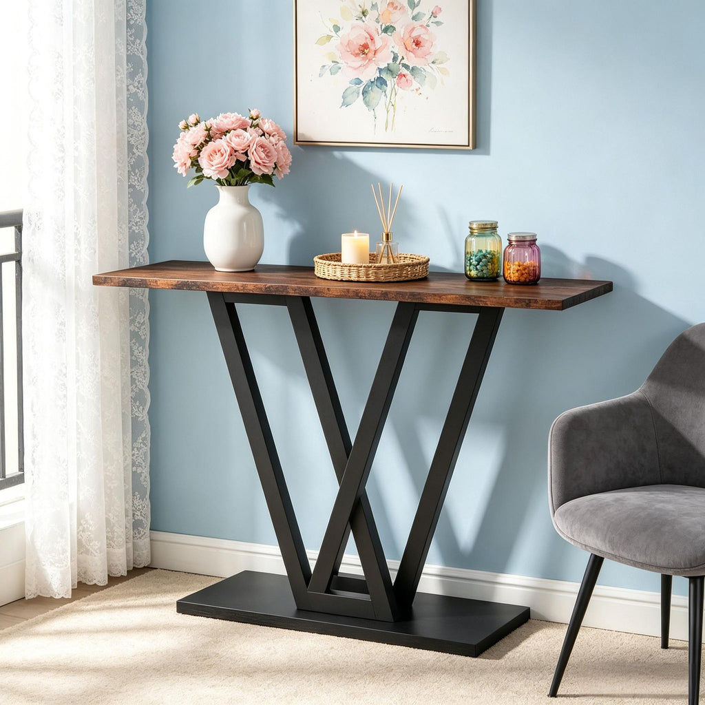 Industrial Style Console Table 43 Inch Rustic Black Metal Pine Wood Entryway Hallway Living Room Decor Furniture