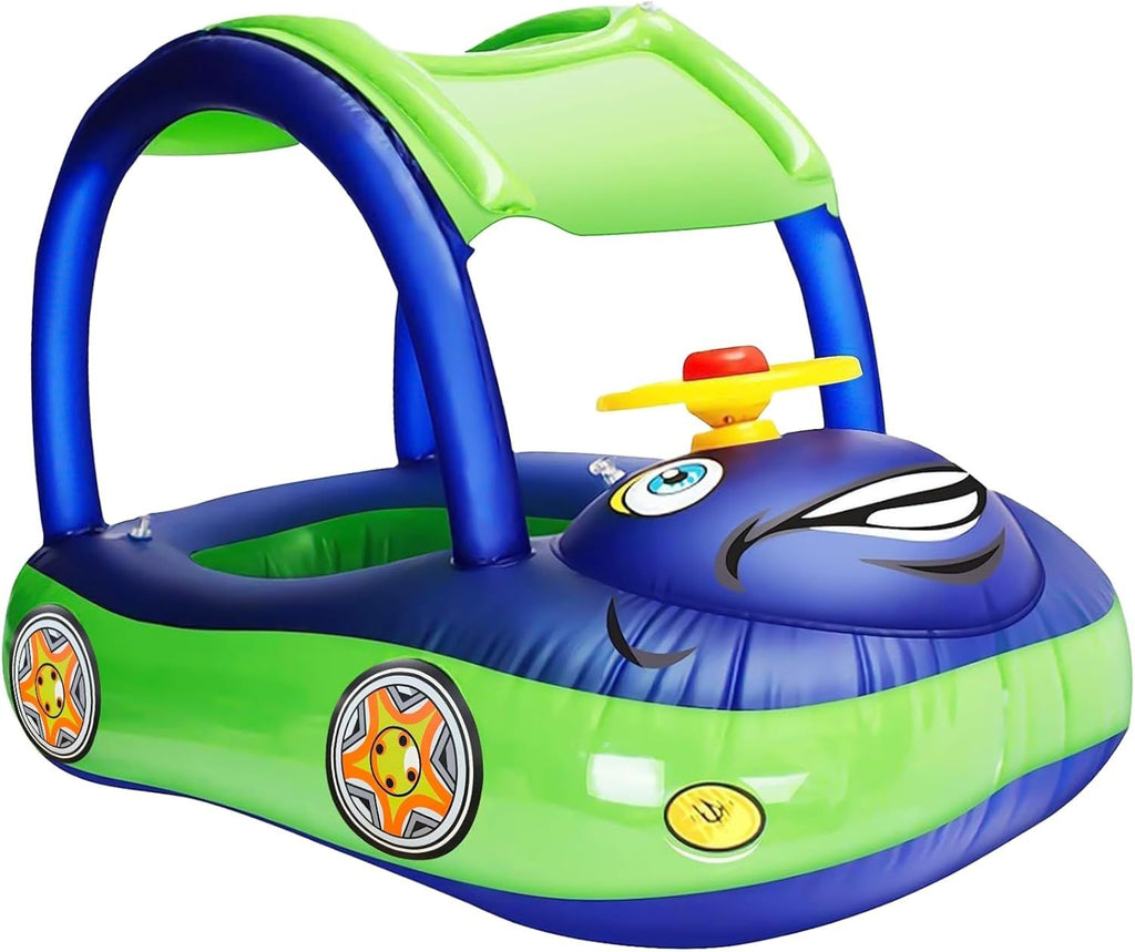 Inflatable Baby Pool Float with Canopy, Safty Seat for Infant Baby Swim Float Rings Car Shaped Swimming Pool Floaties for Babies Toddler Age of 6-36 Months