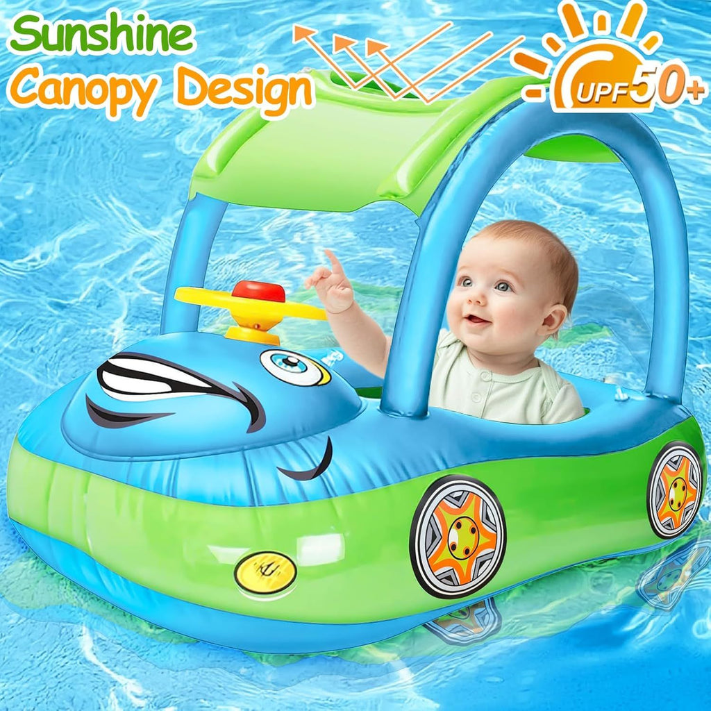 Inflatable Baby Pool Float with Canopy, Safty Seat for Infant Baby Swim Float Rings Car Shaped Swimming Pool Floaties for Babies Toddler Age of 6-36 Months