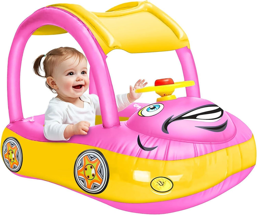 Inflatable Baby Pool Float with Canopy, Safty Seat for Infant Baby Swim Float Rings Car Shaped Swimming Pool Floaties for Babies Toddler Age of 6-36 Months