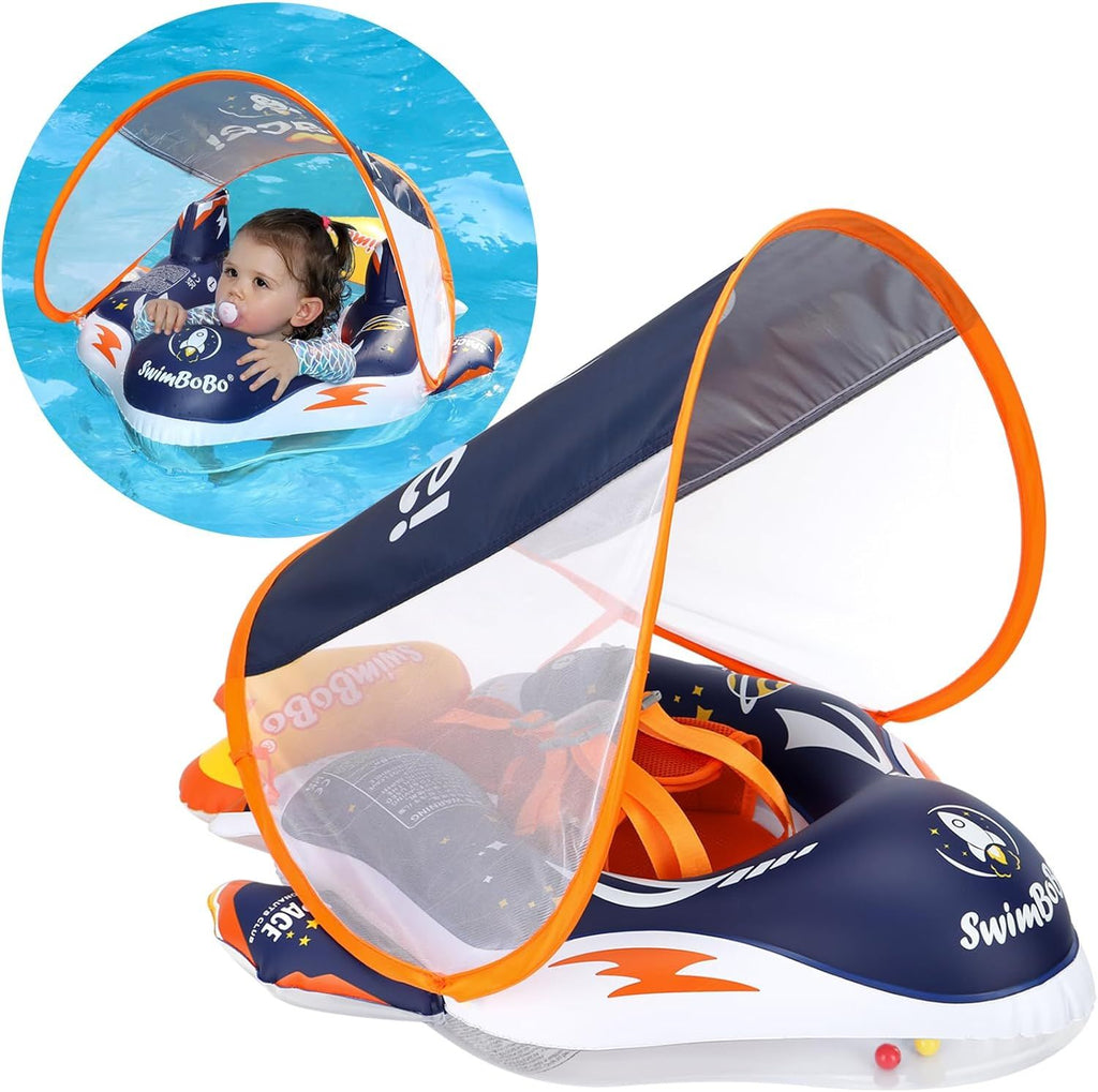 Inflatable Baby Swimming Float with Safe Bottom Support and Retractable Fabric Canopy for Safer Swims (Space Blue, Large)