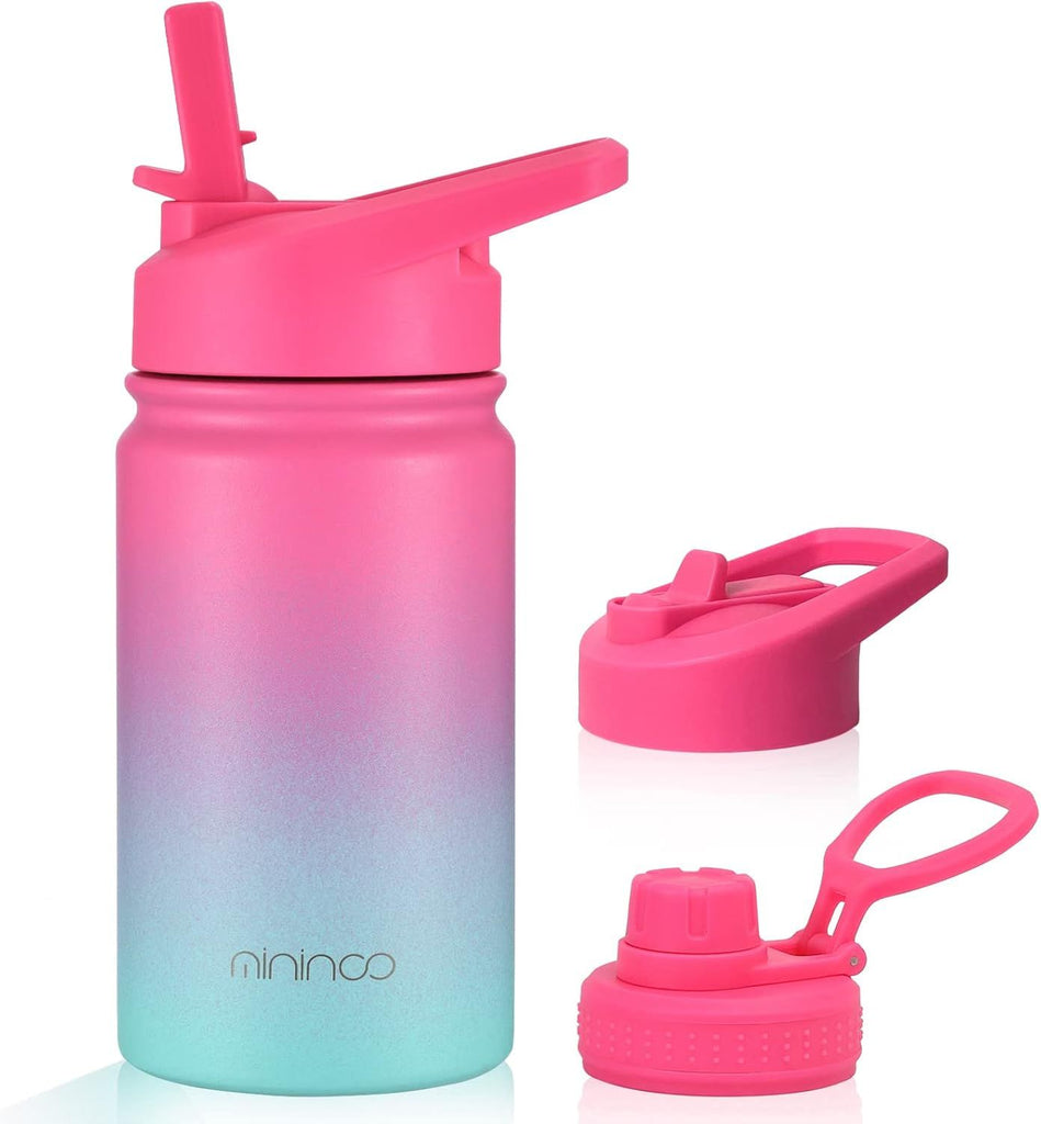 Insulated Kids Water Bottle, 12 oz Stainless Steel Water Bottle Kids with Straw Lid and Chug Lid for Girls, Boys Punch/Green