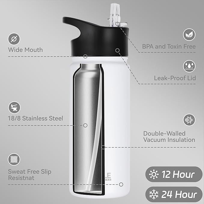 Insulated Water Bottle Kids 16 oz Double Wall Vacuum Stainless Steel Water Bottle Leak Proof for School Wide Mouth with Straw Lid & Spout Lid Keeps Cold and Hot(White,1pack)