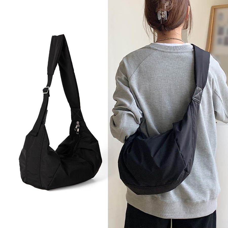 Japanese-style canvas crossbody bag with wide shoulder straps, large-capacity crescent bag in laid-back style, minimalist commuter dumpling-shaped bag