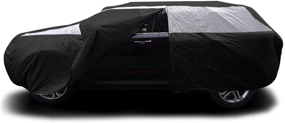 Jet Black Poly 210T Car Cover for Mid-Size SUV 188-206". Waterproof, UV Protection, Scratch Resistant, Driver-Side Zippered Opening. Fits Explorer, Grand Cherokee and More.