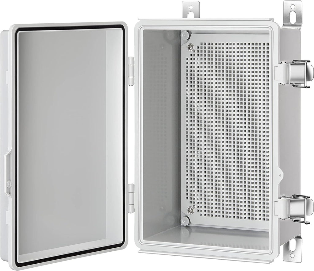 Junction Box, IP67 Waterproof Plastic Enclosure for Electrical Project, Hinged Grey Cover, Includes Mounting Plate and Wall Bracket 290×190×140mm (11.4"×7.5"×5.5")