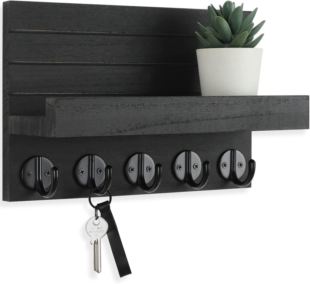 Key Holder for Wall, Decorative Key and Mail Holder with Shelf Has Large Hooks for Bags, Coats, Umbrella – Paulownia Wood Key Hanger with Mounting Hardware (9.8'W x 6.7'H x 4.2'D)