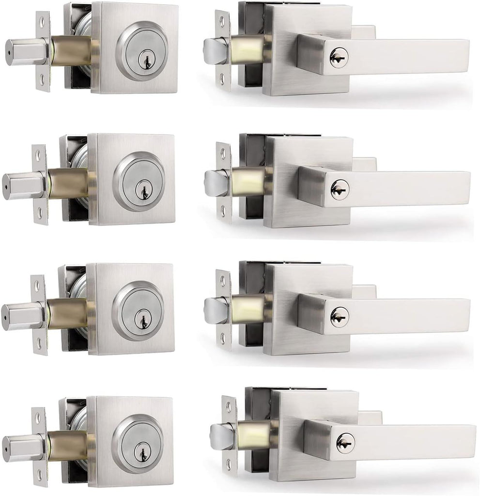 Key Lock Satin Nickel Entry Door Set with Deadbolt Combination Lockset, 4-Piece Set
