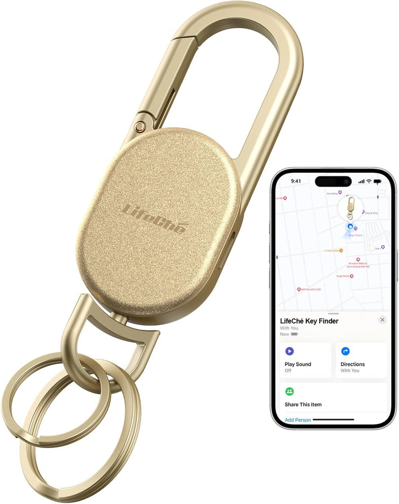 Keychain, Key Finder Built-in Anti-Loss Tracker, Heavy Duty Key Holder, Premium Stainless Steel Keychain Carabiner Car Key Chains with GPS Global Locator Tracking Waterproof (Gold)