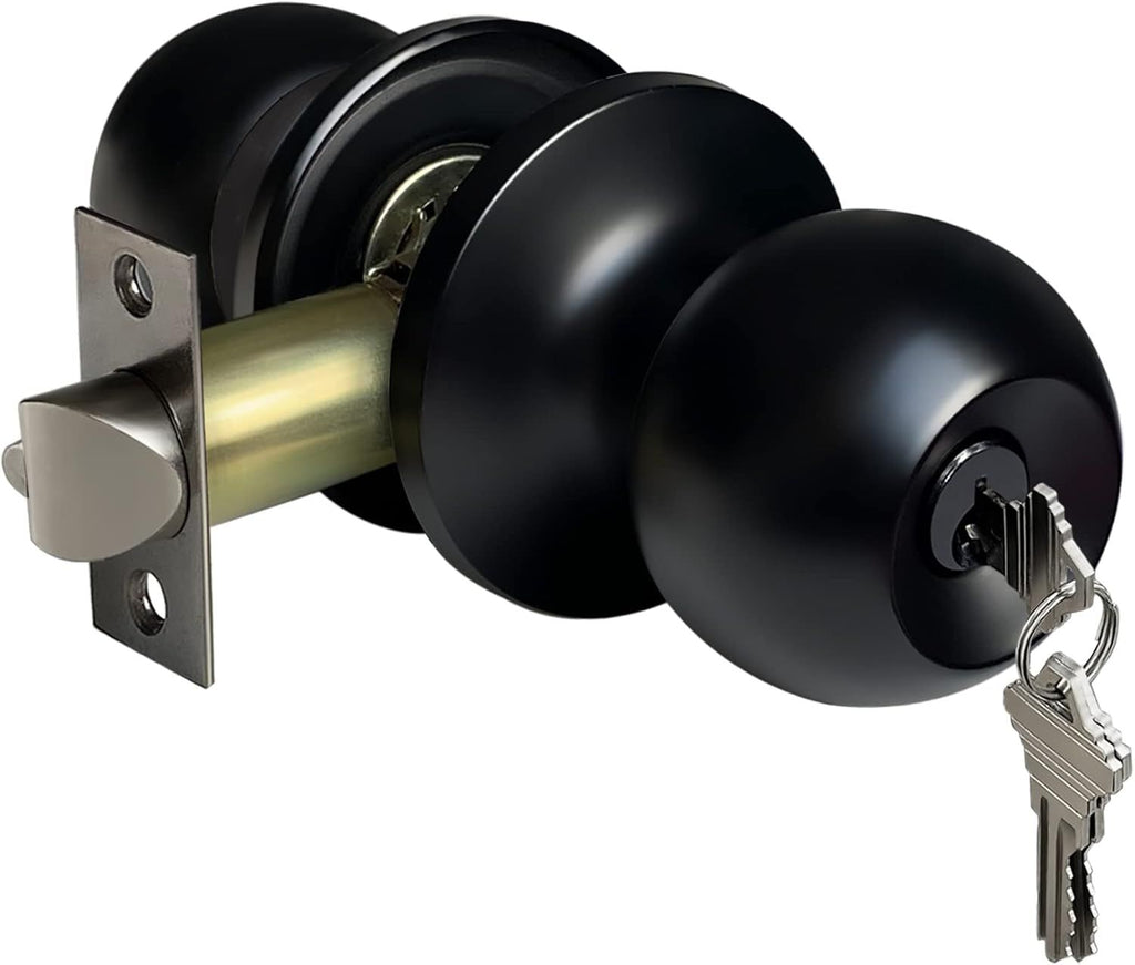 Keyed Entry Door Knob, Entrance Door Lock, Standard Ball, All Metal, Matte Black