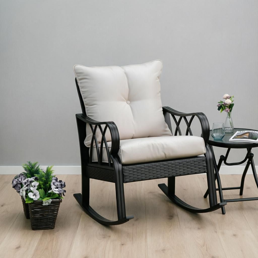 Khaki Outdoor Rocking Chair with Padded Cushions Aluminum Porch Rocker with Armrest for Garden Patio Backyard