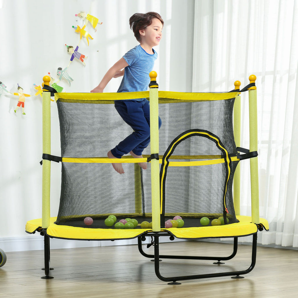 Kids 4.6 Ft Trampoline with Safety Enclosure & Ball Pit, Yellow, Indoor Play Equipment