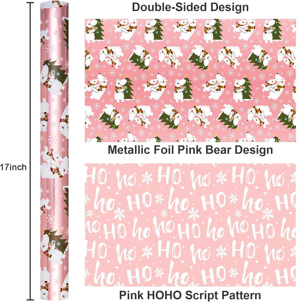 Kids Christmas Wrapping Paper, Pink Wrapping Paper for Girl, Cute Girly Winte Polar Bear Holiday Gift Wrap Metallic Foil Paper for Birthday Baby Shower Festive Decoration (17 Inch X 33 Feet)