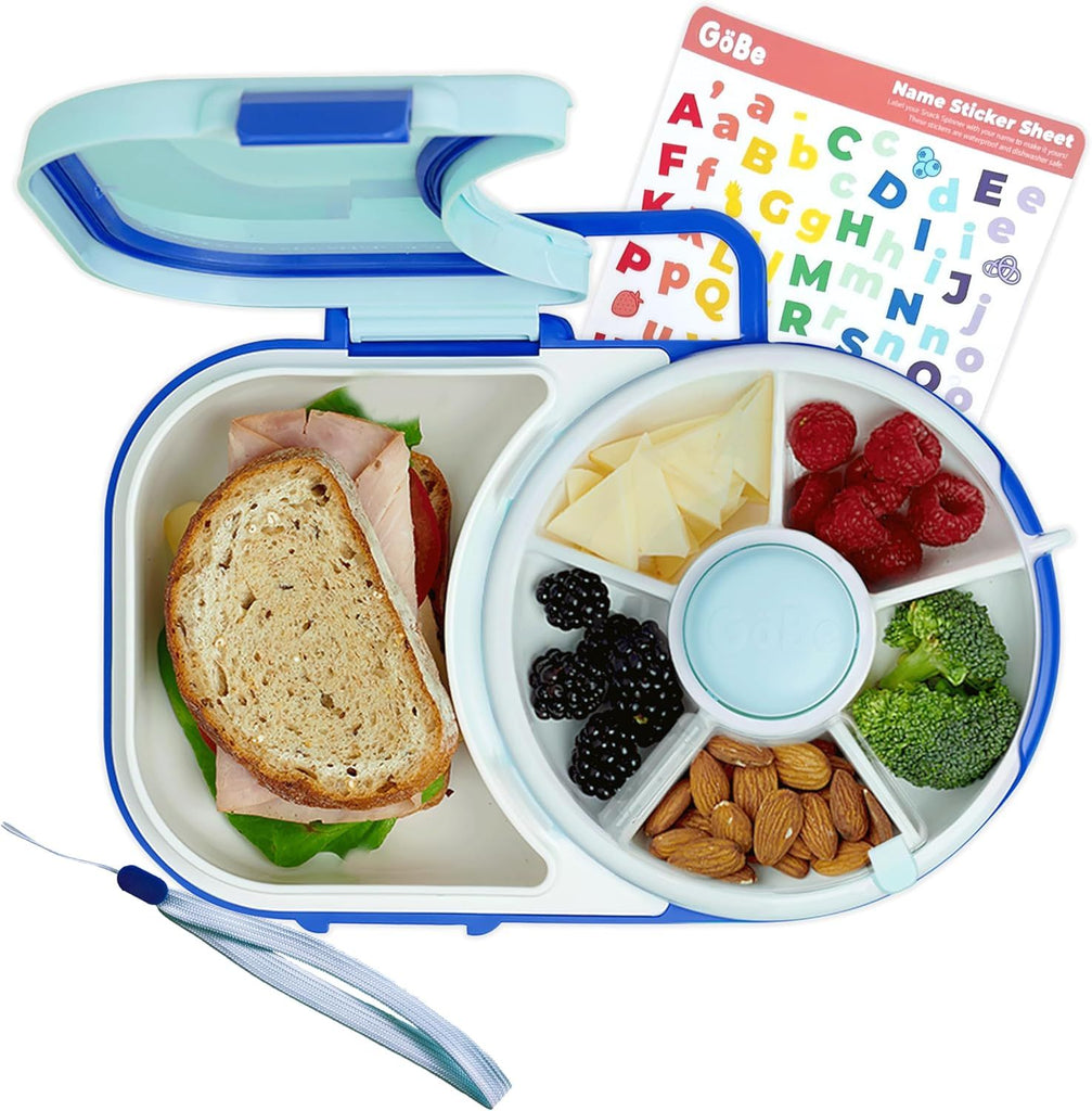 Kids Lunchbox with Small Snack Spinner Flip - Bundle with Hand Strap & Sticker Sheet, 2-in-1 Bento Style Lunch Container, 5 Small +1 Large Sandwich Compartment, BPA & PVC Free- Macaron Blue
