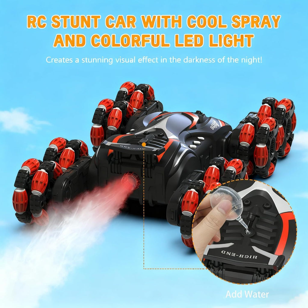 Kids Remote Control Stunt Car - Gesture Sensing + Music Light Spray, All-Terrain Hand Controlled RC Car Gifts for Boys Girls Ages 6-8 8-12 (Red-Black)