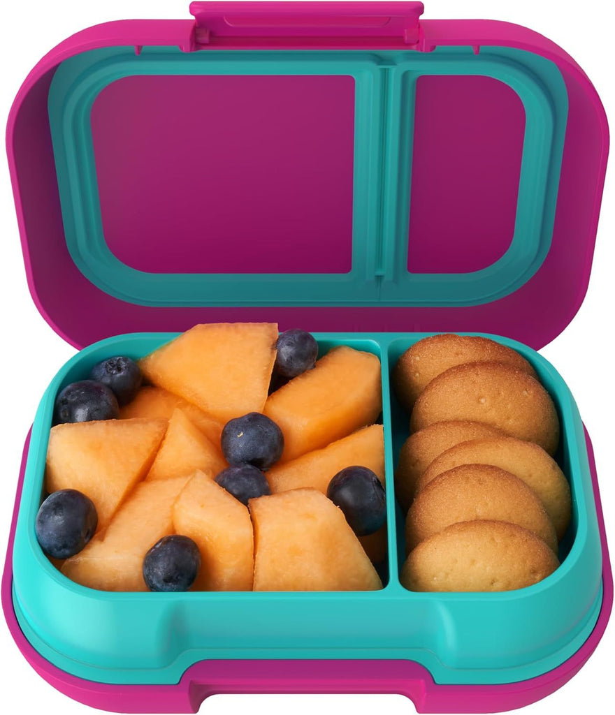 Kids Snack - 2 Compartment Leak-Proof Bento Box Container for Snacks and Small Meals, Easy-Open Latch, Dishwasher Safe, BPA-Free for School, Daycare, & Sports - Ideal for Ages 3+ (Fuchsia/Teal)